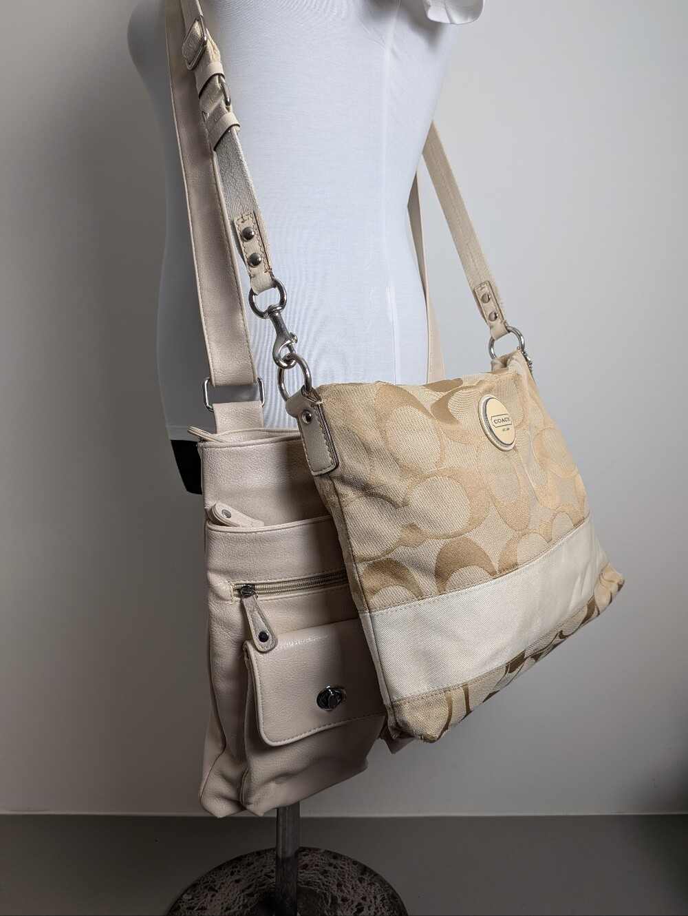 Coach Stripe Crossbody Shoulder Handbag Purse Canvas Beige White + FREE BAG